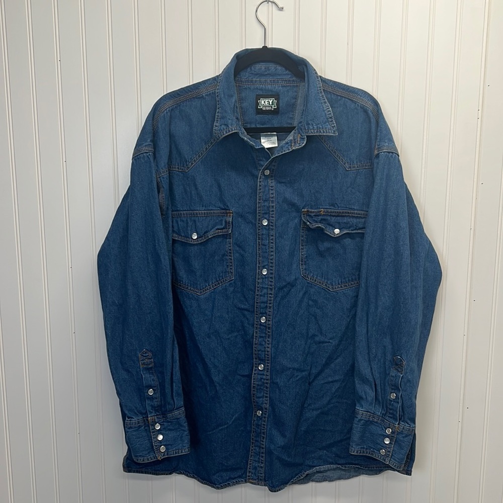 Vtg Key Workwear Denim Pearl‎ Snap Western Shirt Long Sleeve Cotton Sz 2XL